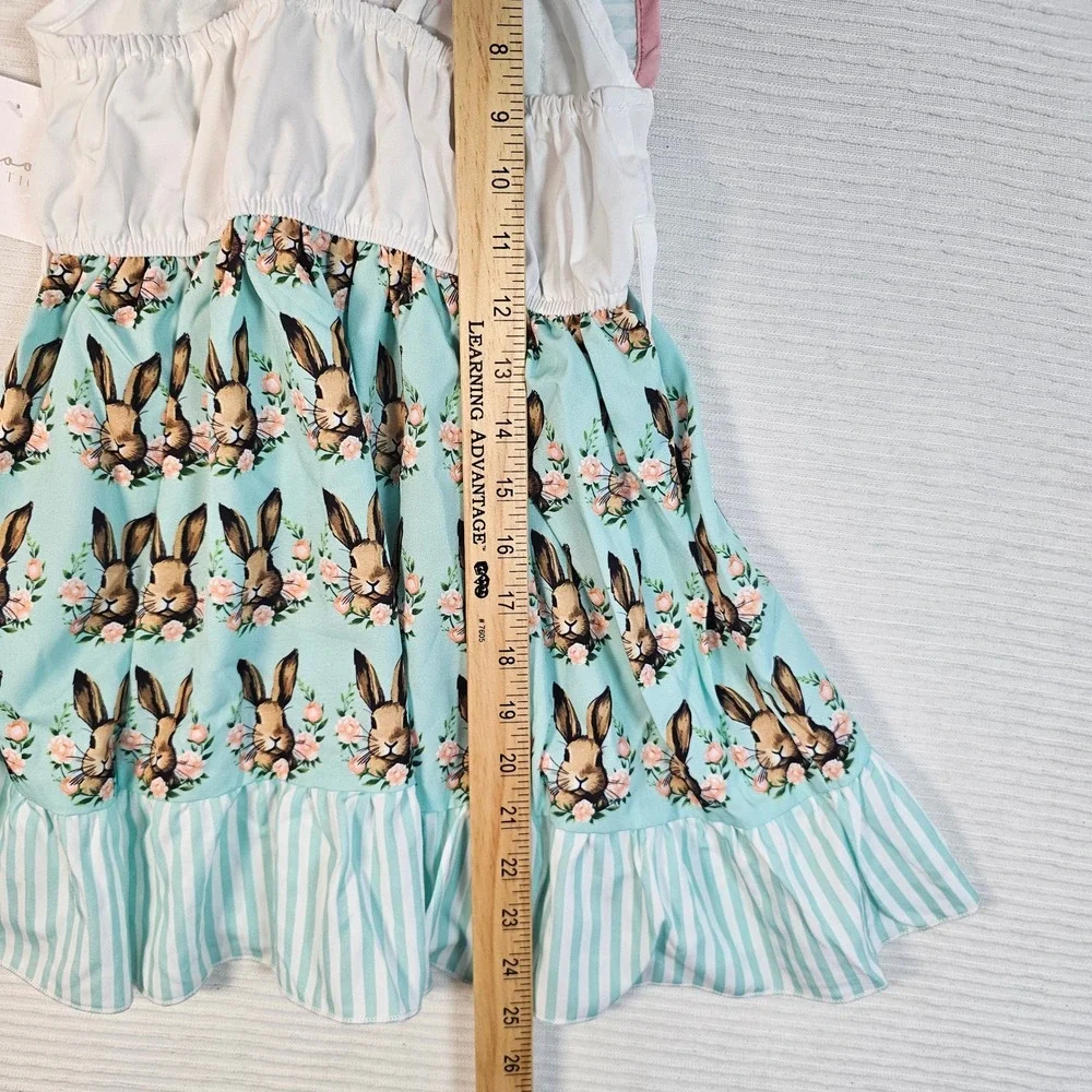Bloom Boutique Girls Bunny Floral Stripe Ruffle‎ Halter Dress Mint Blue Pink NEW